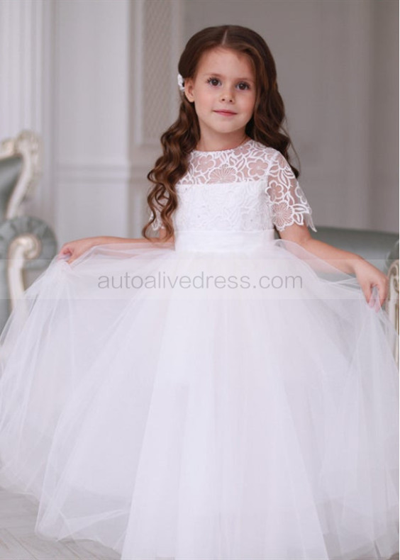 Short Sleeve Ivory Lace Tulle Long Flower Girl Dress